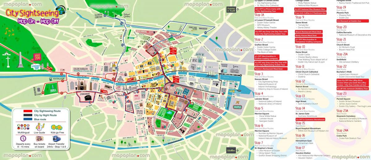 Дублін-хоп-хоп-офф автобус маршрут на карті